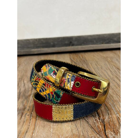 Vintage Patchwork Leather Belt Gold Stud Trim Art To Wear Statement Belt L main image 7